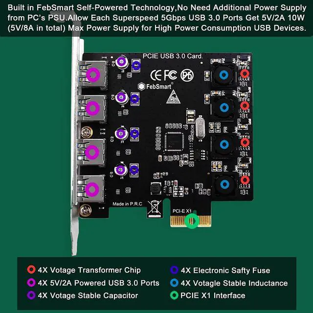 Alt view image 3 of 7 - 4 Ports Superspeed 5Gbps USB 3.0 PCI Express Expansion Card for Windows 11, 10, 8.x, 7, Vista, XP Desktop PCs, Built in Self-Powered Technology, No Need Additional Power Supply (FS-U4-Pro)