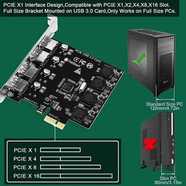 Alt view image 7 of 7 - 4 Ports Superspeed 5Gbps USB 3.0 PCI Express Expansion Card for Windows 11, 10, 8.x, 7, Vista, XP Desktop PCs, Built in Self-Powered Technology, No Need Additional Power Supply (FS-U4-Pro)