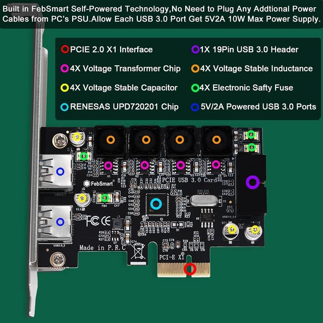 Alt view image 3 of 7 - 1X 19Pin USB 3.0 Header and 2X USB-A Ports PCIE USB 3.0 5Gbps Expansion Card for Windows and Linux Desktop PCs, Built in Self-Powered Technology, No Need Additional Power Supply (FS-HA-Pro)