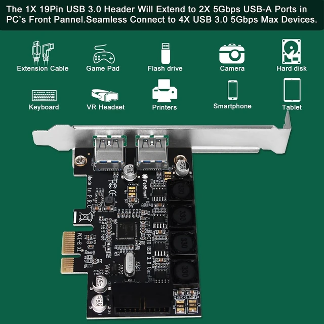 Alt view image 4 of 7 - 1X 19Pin USB 3.0 Header and 2X USB-A Ports PCIE USB 3.0 5Gbps Expansion Card for Windows and Linux Desktop PCs, Built in Self-Powered Technology, No Need Additional Power Supply (FS-HA-Pro)