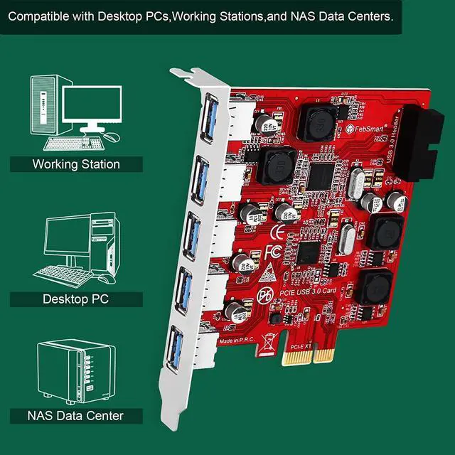 Alt view image 6 of 7 - 7-Ports Superspeed 5Gbps USB 3.0 PCIE Expansion Card, 5-Ports USB-A and an 19Pin USB 3.0 Header, Built in FebSmart Self-Powered Technology, No Need Additional Power Supply (FS-U7S-Pro)