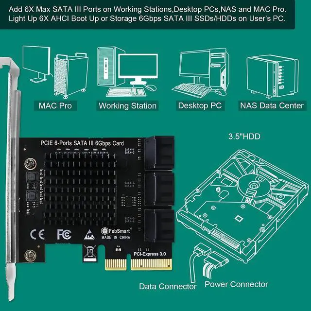 Alt view image 3 of 7 - PCIE to 6-Ports 6Gbps Max Speed SATA III Expansion Card for Desktop PCs, Plug and Play on Windows OS MAC OS Linux System, ASMedia ASM1166 None-Raid PCIE SATA III Host Controller (FS-S6-Pro)