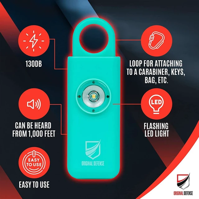Alt view image 2 of 7 - Original Defense® Siren Self-Defense Alarm - 130 dB Keychain Alarm with LED Strobe Light for Women, Children, and Elderly - Police Recommended - (Mint, 1 Count)