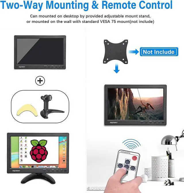 Alt view image 4 of 7 - 10.1 inch Security Monitor, 1024x600 Resolution Small HDMI Monitor Small Portable Monitor with Remote Control with Built-in Dual Speakers HDMI VGA BNC Input for Gaming CCTV Raspberry Pi PC