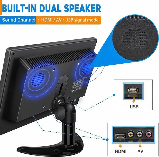 Alt view image 5 of 7 - 10.1 inch Security Monitor, 1024x600 Resolution Small HDMI Monitor Small Portable Monitor with Remote Control with Built-in Dual Speakers HDMI VGA BNC Input for Gaming CCTV Raspberry Pi PC