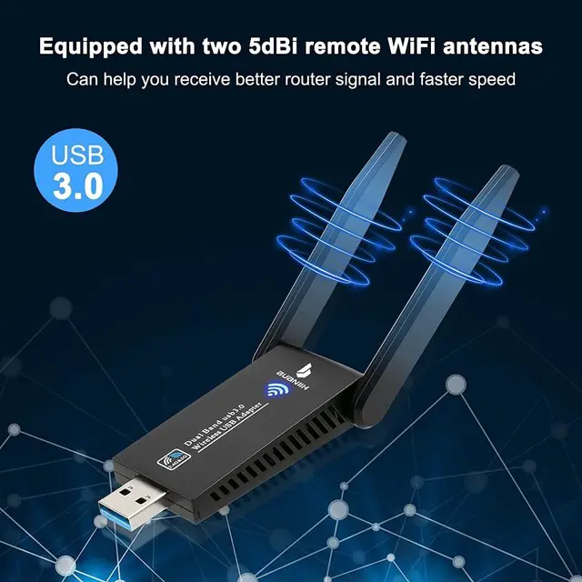Alt view image 2 of 6 - WiFi Adapter for Desktop PC, 1300Mbps Dual 5Dbi Antennas, USB 3.0
