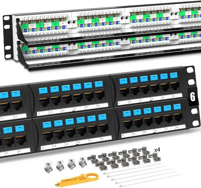 Main image of AMPCOM Supreme Series CAT6 48 Ports Patch Panel, Rack Mount - 2U, 19 inch, RJ45 Ethernet 568A 568B, 50u Gold Plated, with Rear Cable Management Bar