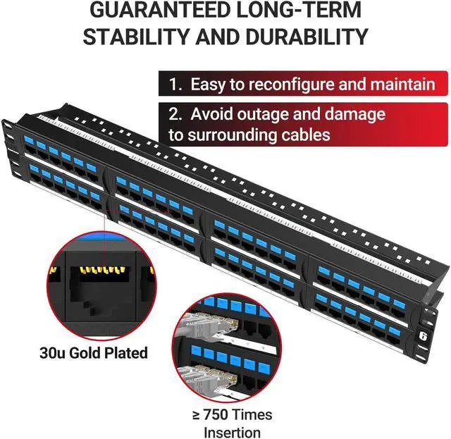 Alt view image 2 of 6 - AMPCOM Supreme Series CAT6 48 Ports Patch Panel, Rack Mount - 2U, 19 inch, RJ45 Ethernet 568A 568B, 50u Gold Plated, with Rear Cable Management Bar