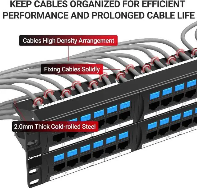 Alt view image 4 of 6 - AMPCOM Supreme Series CAT6 48 Ports Patch Panel, Rack Mount - 2U, 19 inch, RJ45 Ethernet 568A 568B, 50u Gold Plated, with Rear Cable Management Bar