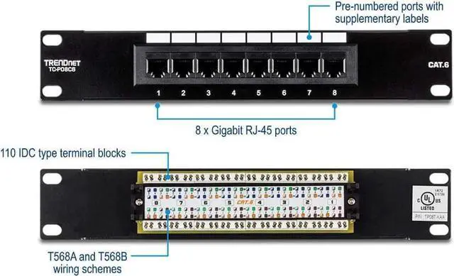 Alt view image 2 of 7 - TRENDnet 8-Port Cat6 Unshielded Patch Panel, TC-P08C6, Rackmount, 10 Inch Wide, 8 x Gigabit RJ-45 Ethernet Ports, Pre-numbered Ports, 250 Mhz Connection, Color Coded Labeling, 110 IDC Terminal Blocks