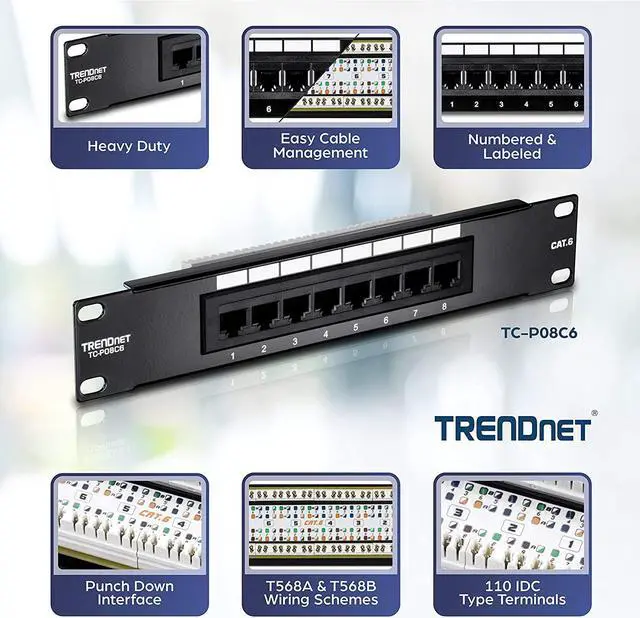 Alt view image 3 of 7 - TRENDnet 8-Port Cat6 Unshielded Patch Panel, TC-P08C6, Rackmount, 10 Inch Wide, 8 x Gigabit RJ-45 Ethernet Ports, Pre-numbered Ports, 250 Mhz Connection, Color Coded Labeling, 110 IDC Terminal Blocks