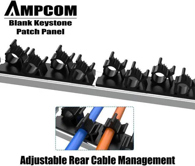 Alt view image 2 of 7 - AMPCOM 24 Ports 1U Blank Keystone Patch Panel, 19 inch Rack or Wall Mount with Rear Cable Management Panel for Ethernet CAT5e/CAT6/CAT7, USB, HDMI