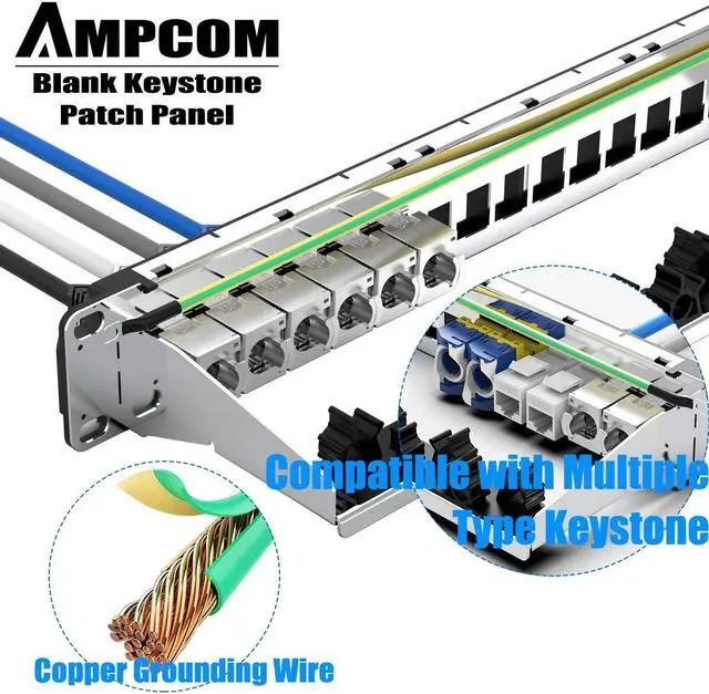 Alt view image 4 of 7 - AMPCOM 24 Ports 1U Blank Keystone Patch Panel, 19 inch Rack or Wall Mount with Rear Cable Management Panel for Ethernet CAT5e/CAT6/CAT7, USB, HDMI