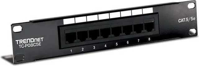 Main image of TRENDnet 8 Port Cat5/5e Unshielded Patch Panel,TC-P08C5E,Wallmount or Rackmount,10 Inch Wide, 8 x Gigabit RJ-45 Ethernet Ports,100 Mhz Connection, Color Coded Labeling,110 IDC Terminal Blocks,Black