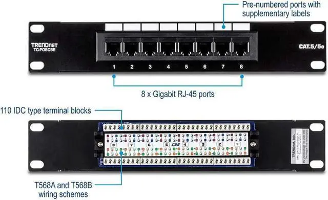 Alt view image 2 of 7 - TRENDnet 8 Port Cat5/5e Unshielded Patch Panel,TC-P08C5E,Wallmount or Rackmount,10 Inch Wide, 8 x Gigabit RJ-45 Ethernet Ports,100 Mhz Connection, Color Coded Labeling,110 IDC Terminal Blocks,Black