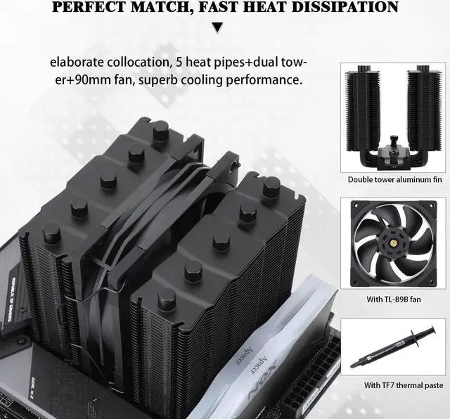 Alt view image 3 of 6 - Silver Soul 110 Black CPU Cooler Dual Towers, 5 Heat Pipes, 110MM Hight, TL-B9B PWM Fan, Aluminium Heatsink Cover, AGHP Technology, for AMD AM4 AM5/Intel 1700/1150/1151/1200/2011