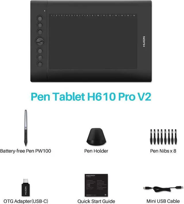 Alt view image 7 of 7 - HUION H610 Pro V2 Graphic Drawing Tablet Android Supported Pen Tablet Tilt Function Battery-Free Stylus 8192 Pen Pressure with 8 Express Keys