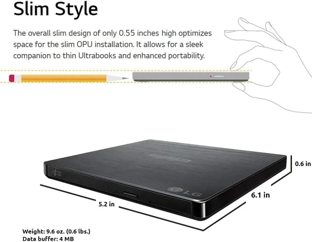 Alt view image 2 of 6 - LG BP60NB10 Portable 6X Ultra HD Blu-ray Burner External Drive with CyberLink Software and USB Cable - Burns CD DVD BD DL BDXL Discs