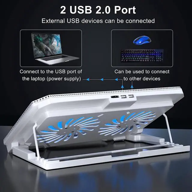 Alt view image 3 of 6 - LIENS Laptop Cooling Pad with Adjustable Height Two 5.1 Inches Fan 2 USB Ports Suitable for 12"-15.6" LaptopsWhite