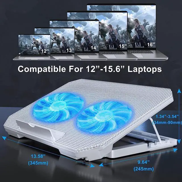 Alt view image 6 of 6 - LIENS Laptop Cooling Pad with Adjustable Height Two 5.1 Inches Fan 2 USB Ports Suitable for 12"-15.6" LaptopsWhite