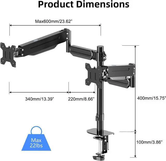 Alt view image 2 of 7 - Pholiten Dual Monitor Stand, Monitor Mounts for 2 Monitors, Double Monitor Stand for Desk, Monitor Stands for 2 Monitors, Dual Gas Spring Monitor Arm ,Dual Monitor Desk Mount for 13- 32 Inch Screens.