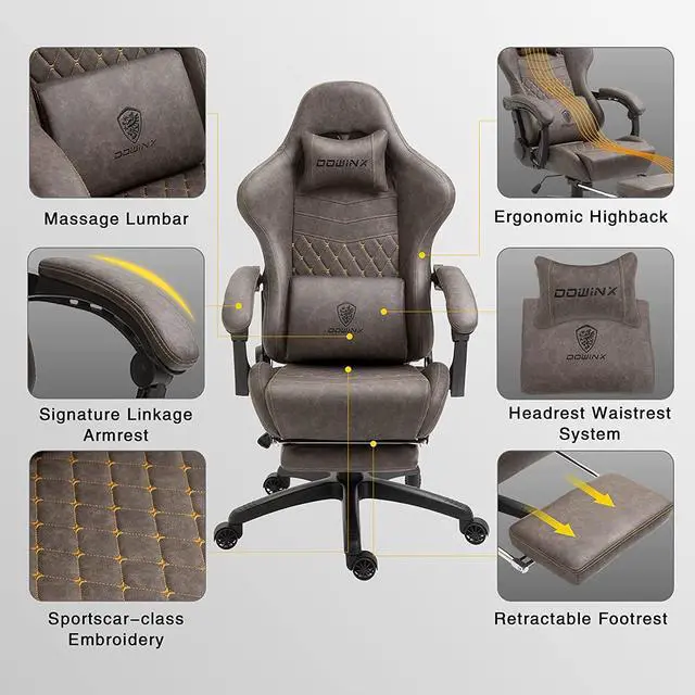 Alt view image 4 of 7 - Dowinx Gaming Chair Big and Tall, Ergonomic Game Chair for Adults with Footrest and Massage Lumbar Support, High Back Computer Gamer Chair PU Leather, 350Lbs, for Office, Home, Brown