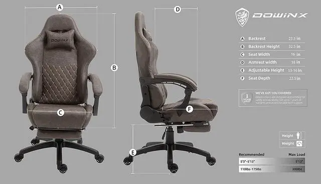 Alt view image 7 of 7 - Dowinx Gaming Chair Big and Tall, Ergonomic Game Chair for Adults with Footrest and Massage Lumbar Support, High Back Computer Gamer Chair PU Leather, 350Lbs, for Office, Home, Brown