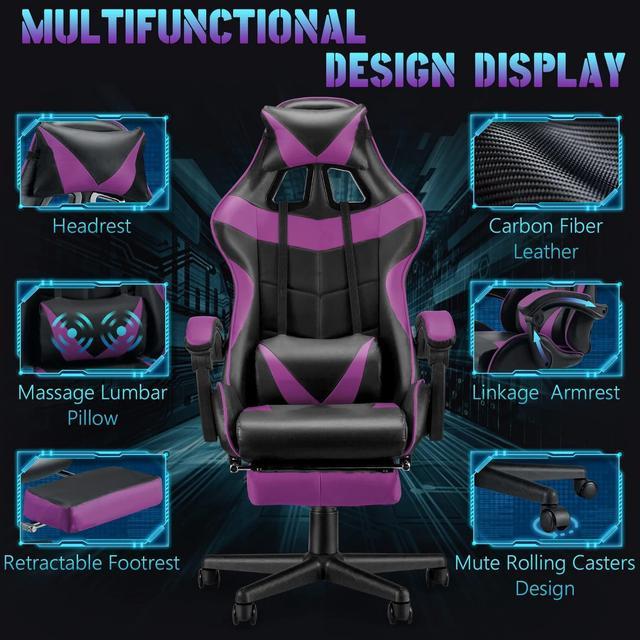 Soontrans Gaming Chair with Footrest, Ergonomic Lumbar Massage Pillow Chair,  PU Leather Office Chair, Purple 