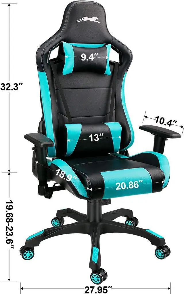 Alt view image 3 of 7 - Leopard Gaming Chair, High Back PU Leather Office Chair, Adjustable Video Gaming Chairs, Swivel Racing Chair with Adjustable Armrest (Black/Light Blue)