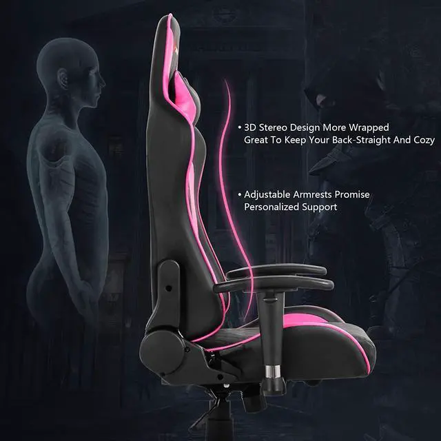 Alt view image 6 of 7 - POWERSTONE Pink Gaming Chair Recliner with Adjustable Armrest Massage Lumbar Support Wide Cushion Ergonomic Office Computer Chair