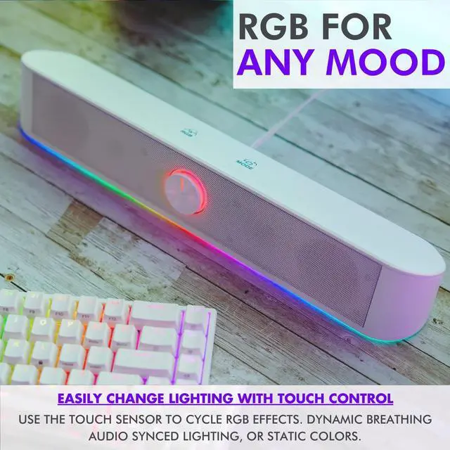 Alt view image 2 of 7 - Tilted Nation Computer Soundbar for Desktop - USB Powered RGB Gaming Soundbar for PC - Computer Sound Bar for PC with HiFi Audio, Bluetooth, 3.5 AUX, & Touch Control, RGB Speakers for Monitor - White