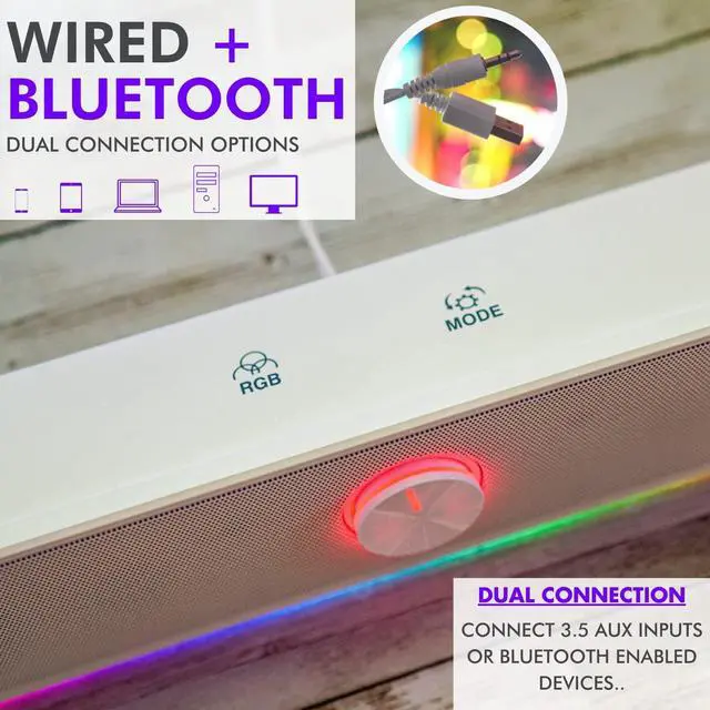 Alt view image 4 of 7 - Tilted Nation Computer Soundbar for Desktop - USB Powered RGB Gaming Soundbar for PC - Computer Sound Bar for PC with HiFi Audio, Bluetooth, 3.5 AUX, & Touch Control, RGB Speakers for Monitor - White