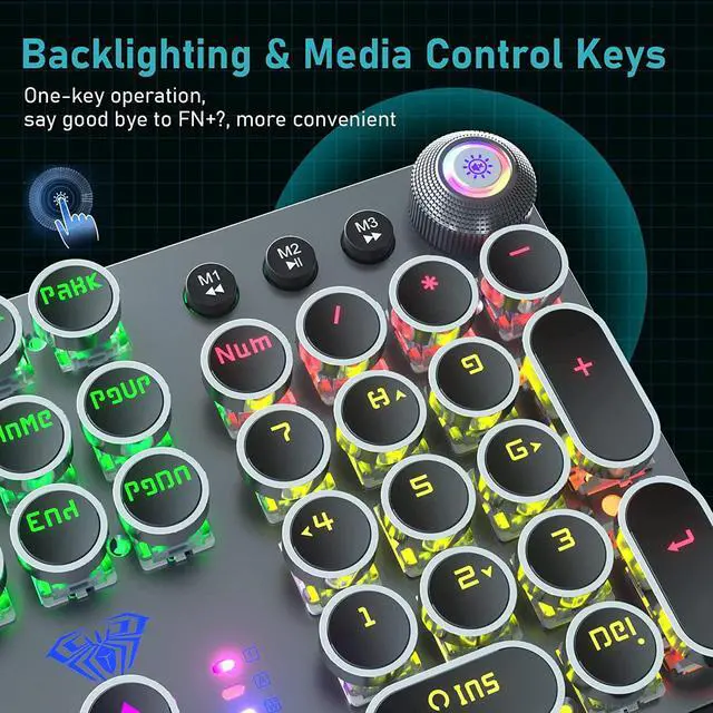Alt view image 4 of 6 - AULA F2088 Typewriter Style Mechanical Gaming Keyboard Blue Switch, with Removable Wrist Rest, Media Control Knob, Rainbow Backlit, Retro Punk Round Keycaps, Full Size USB Wired Computer Keyboards