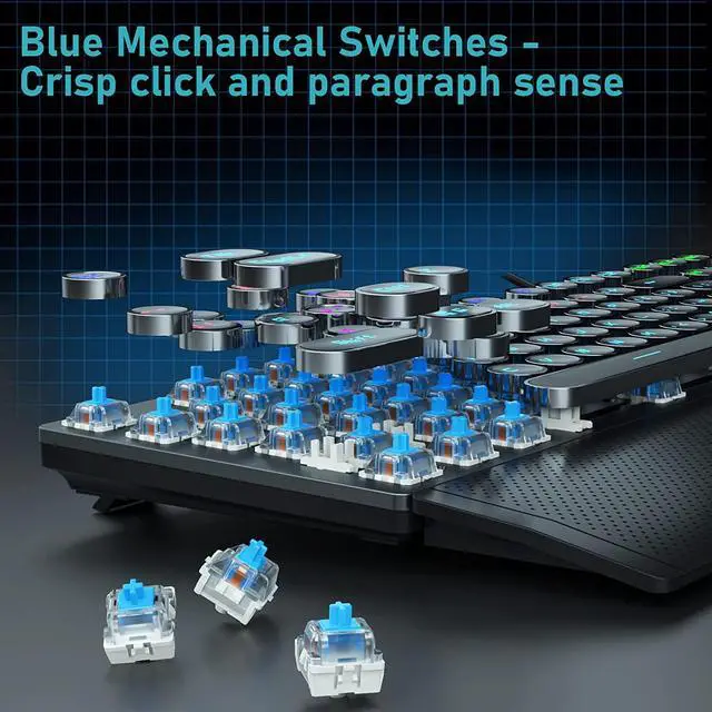 Alt view image 6 of 6 - AULA F2088 Typewriter Style Mechanical Gaming Keyboard Blue Switch, with Removable Wrist Rest, Media Control Knob, Rainbow Backlit, Retro Punk Round Keycaps, Full Size USB Wired Computer Keyboards