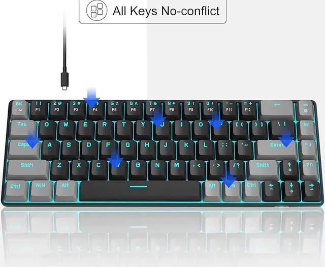 Alt view image 4 of 7 - MageGee Portable 60% Mechanical Gaming Keyboard, MK-Box LED Backlit Compact 68 Keys Mini Wired Office Keyboard with Red Switch for Windows Laptop PC Mac - Black/Grey