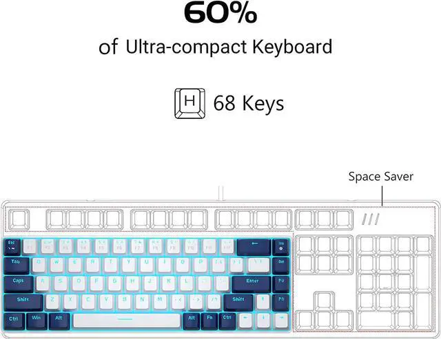Alt view image 2 of 7 - MageGee Portable 60% Mechanical Gaming Keyboard, MK-Box LED Backlit Compact 68 Keys Mini Wired Office Keyboard with Red Switch for Windows Laptop PC Mac - White/Blue