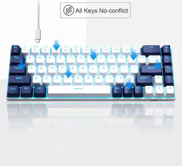 Alt view image 5 of 7 - MageGee Portable 60% Mechanical Gaming Keyboard, MK-Box LED Backlit Compact 68 Keys Mini Wired Office Keyboard with Red Switch for Windows Laptop PC Mac - White/Blue
