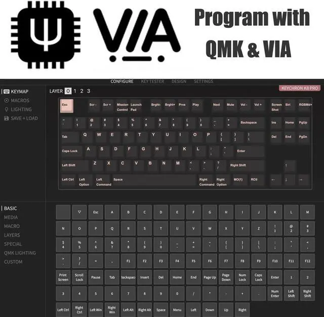 Alt view image 6 of 7 - Keychron K8 Pro QMK/VIA Wireless Mechanical Keyboard, Hot-Swappable TKL Custom Programmable Macro Wired Keyboard with Gateron G Pro Brown Switch, RGB Backlit, PBT Keycaps for Mac Windows Linux