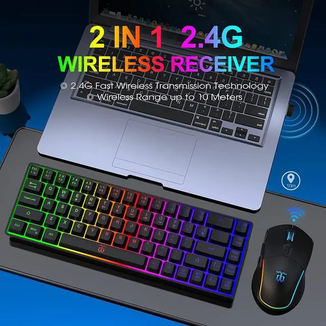Alt view image 2 of 7 - 60% Wireless Gaming Keyboard and Mouse Combo,LED Backlit Rechargeable 2000mAh Battery,Small Membrane But Mechanical Keyboard + 6D 3200DPI Mice for Gaming,Business Office