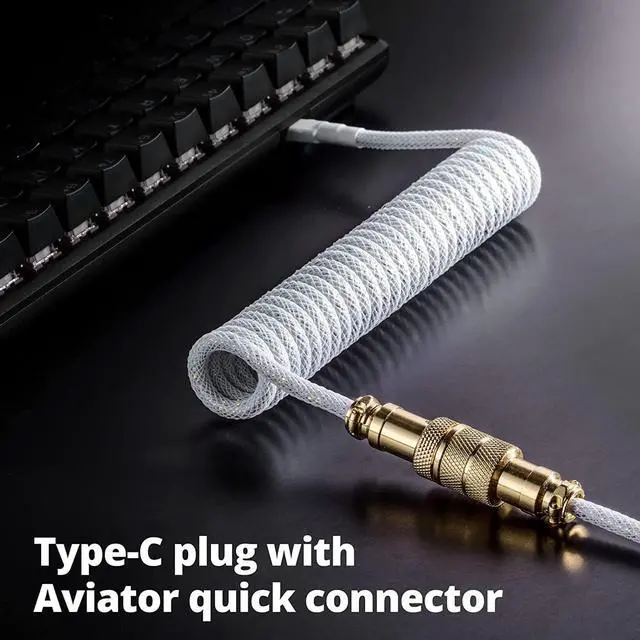 Alt view image 3 of 6 - GUNMJO Starlight Coiled USB C Keyboard Cable for Gaming Keyboard, Double-Sleeved Mechanical Keyboard Cable with Detachable Metal Aviator, 1.5M USB-C to USB-A, White Color with Gold Aviator Connector