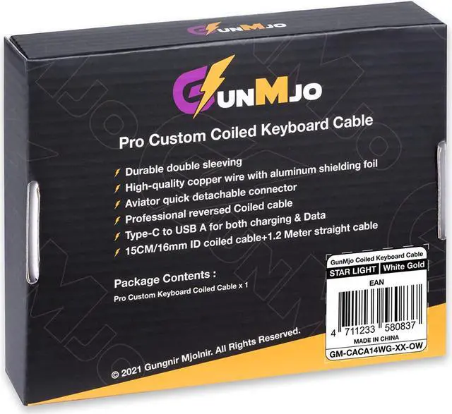 Alt view image 6 of 6 - GUNMJO Starlight Coiled USB C Keyboard Cable for Gaming Keyboard, Double-Sleeved Mechanical Keyboard Cable with Detachable Metal Aviator, 1.5M USB-C to USB-A, White Color with Gold Aviator Connector