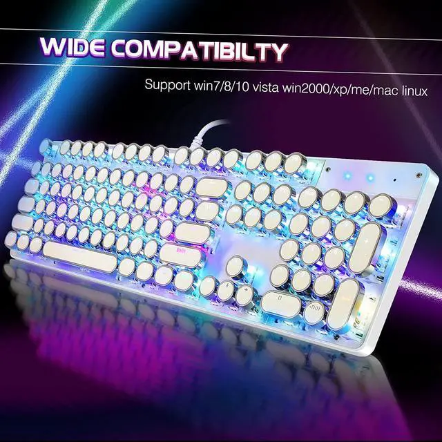Alt view image 6 of 7 - Typewriter Style Mechanical Gaming Keyboard RGB Backlit Wired with Blue Switch Retro Round Keycap 104 Keys Keyboard (White 104 Keys RGB)