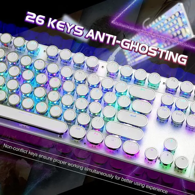 Alt view image 4 of 7 - Typewriter Style Mechanical Gaming Keyboard RGB Backlit Wired with Blue Switch Retro Round Keycap 104 Keys Keyboard (White 104 Keys RGB)