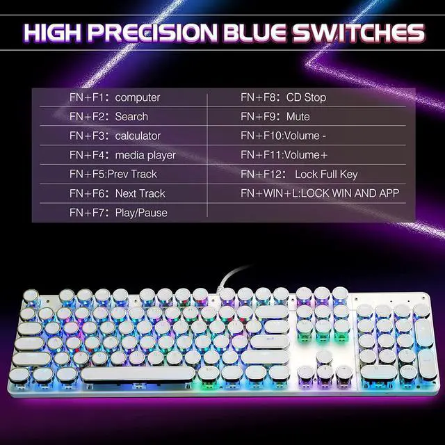 Alt view image 5 of 7 - Typewriter Style Mechanical Gaming Keyboard RGB Backlit Wired with Blue Switch Retro Round Keycap 104 Keys Keyboard (White 104 Keys RGB)