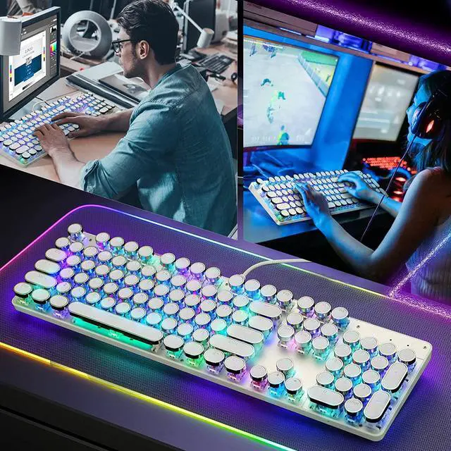 Alt view image 7 of 7 - Typewriter Style Mechanical Gaming Keyboard RGB Backlit Wired with Blue Switch Retro Round Keycap 104 Keys Keyboard (White 104 Keys RGB)