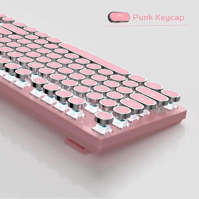 Alt view image 3 of 7 - Typewriter Mechanical Gaming Keyboard, Retro Punk Round Keycap LED White Backlit USB Wired Keyboards for Game and Office, for Windows Laptop PC Mac - Blue Switches/Pink