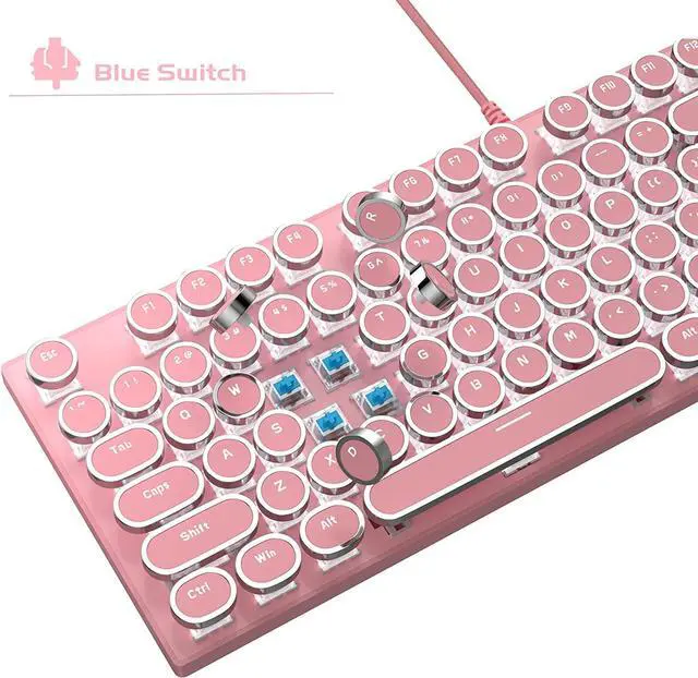Alt view image 4 of 7 - Typewriter Mechanical Gaming Keyboard, Retro Punk Round Keycap LED White Backlit USB Wired Keyboards for Game and Office, for Windows Laptop PC Mac - Blue Switches/Pink