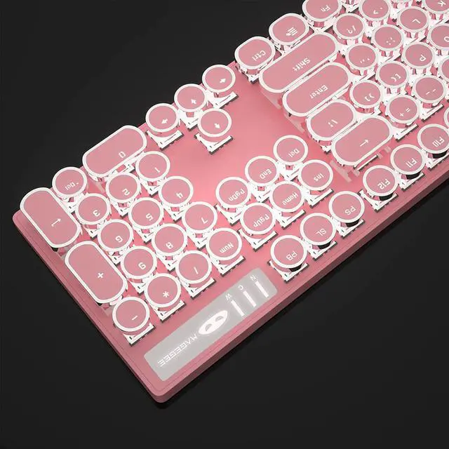 Alt view image 6 of 7 - Typewriter Mechanical Gaming Keyboard, Retro Punk Round Keycap LED White Backlit USB Wired Keyboards for Game and Office, for Windows Laptop PC Mac - Blue Switches/Pink