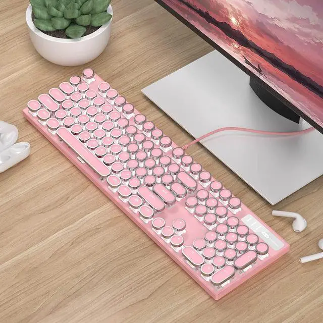 Alt view image 5 of 7 - Typewriter Mechanical Gaming Keyboard, Retro Punk Round Keycap LED White Backlit USB Wired Keyboards for Game and Office, for Windows Laptop PC Mac - Blue Switches/Pink