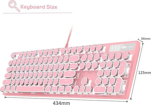 Alt view image 7 of 7 - Typewriter Mechanical Gaming Keyboard, Retro Punk Round Keycap LED White Backlit USB Wired Keyboards for Game and Office, for Windows Laptop PC Mac - Blue Switches/Pink